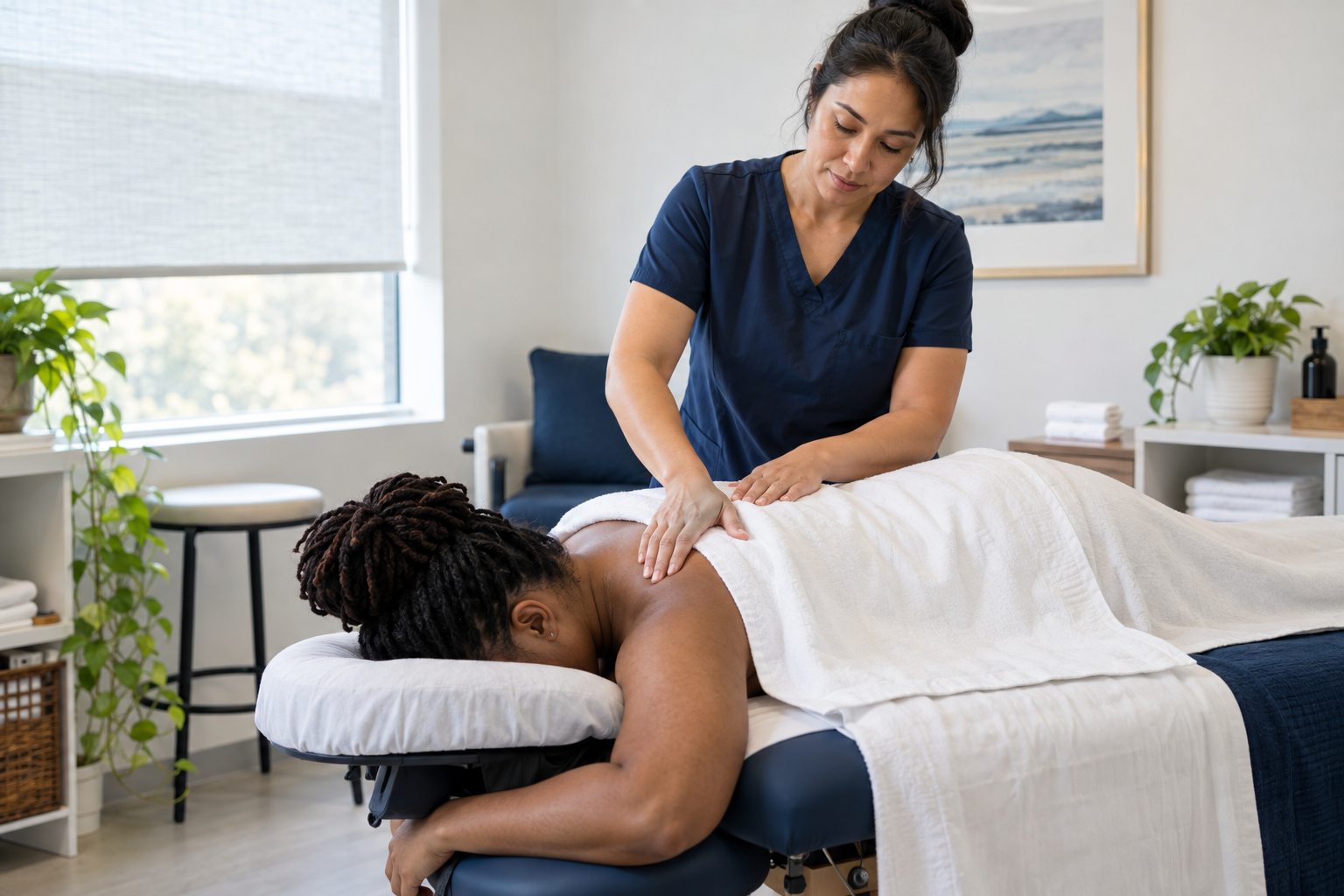 Licensed practitioner providing therapeutic care in a calm treatment room