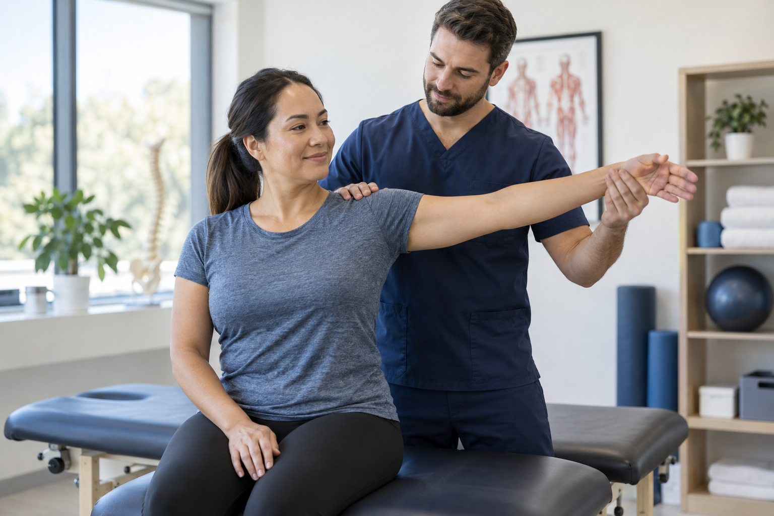 Clinician gently assessing a patient's shoulder and upper-back mobility