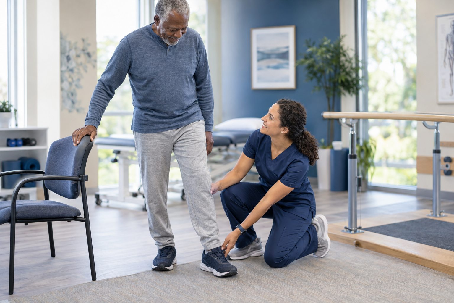 Clinician performing a gentle lower-leg and balance assessment with an older adult
