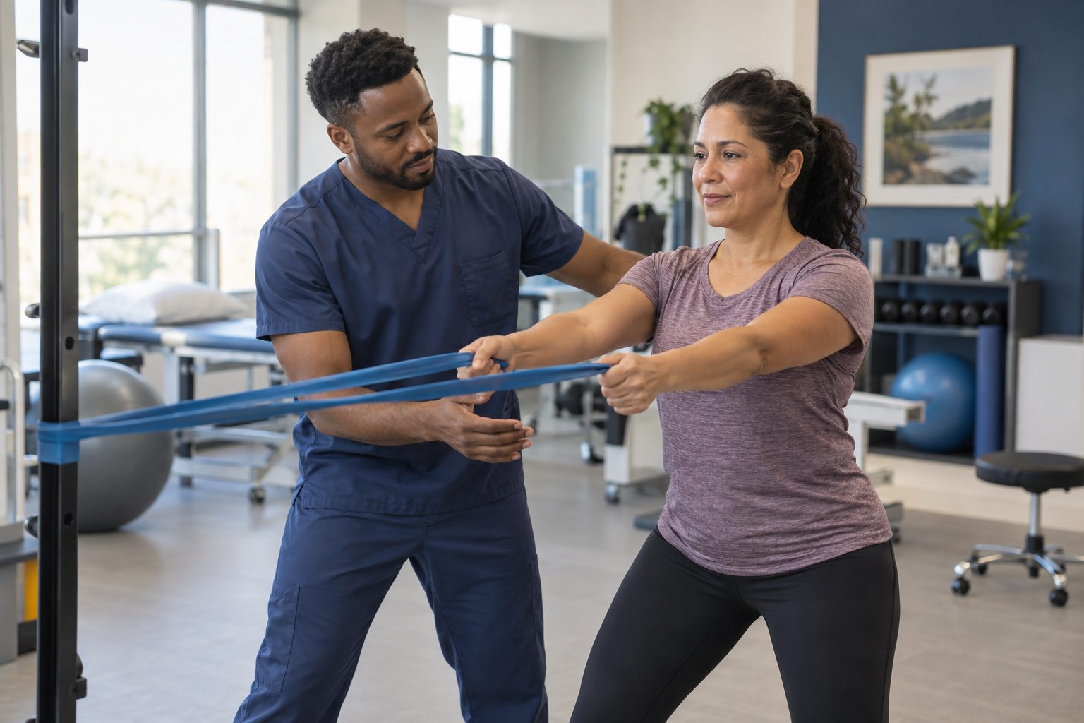 Physical therapist guiding a patient through a resistance-band exercise