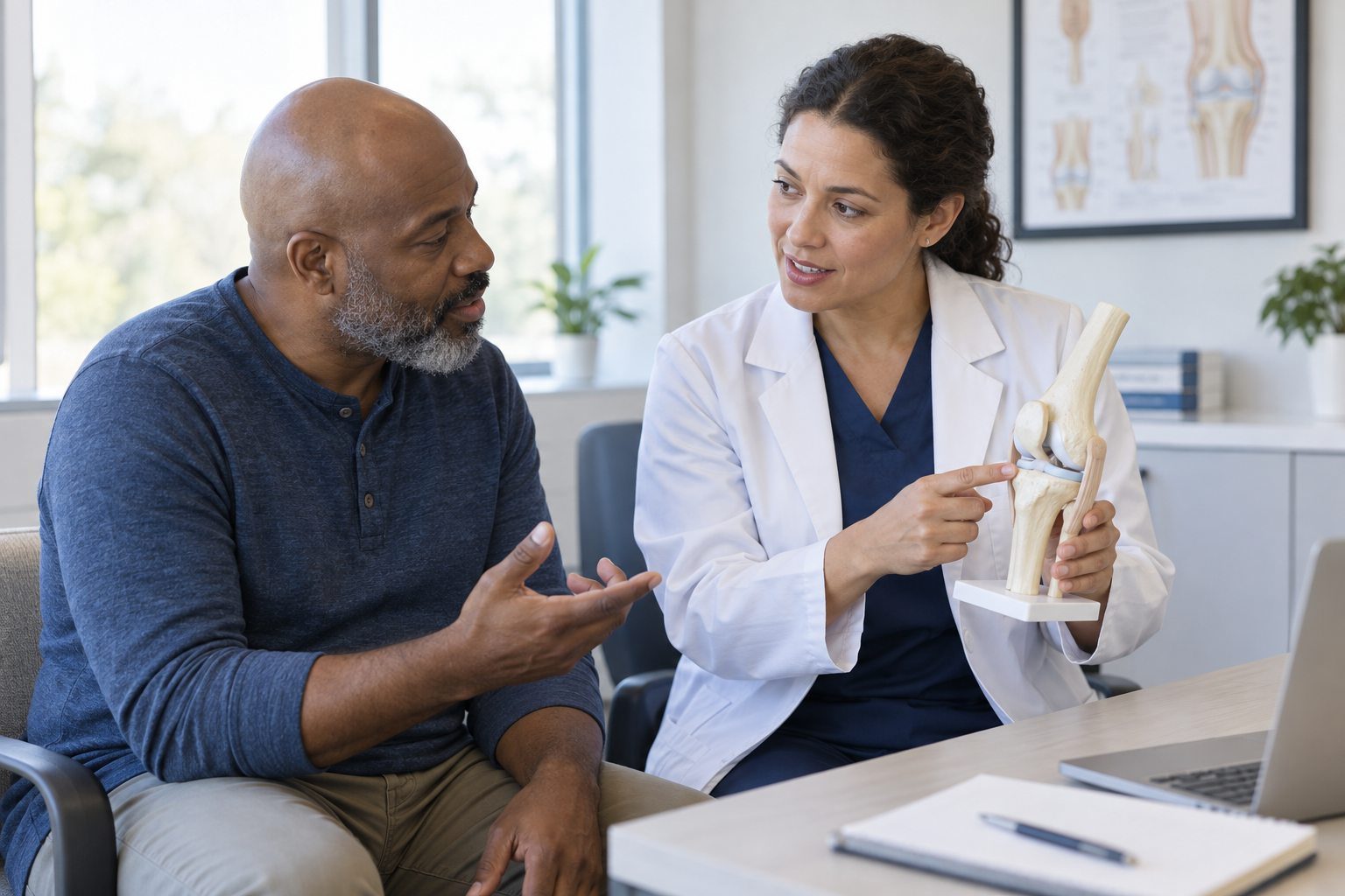 Clinician and patient discussing a joint recovery plan with an anatomical knee model