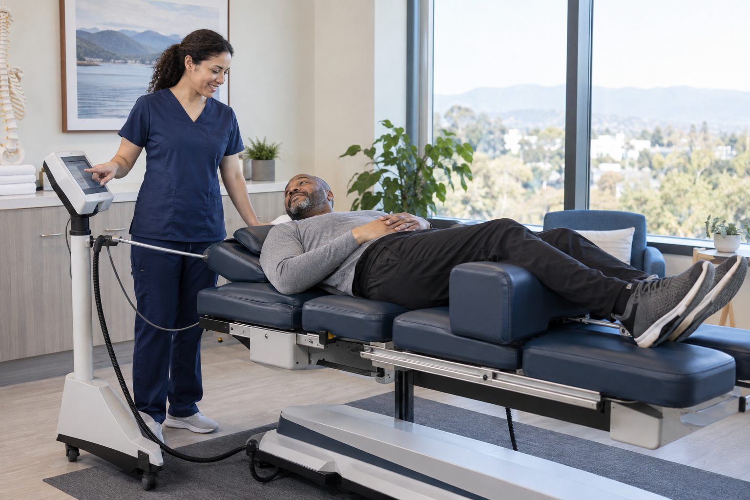 Clinician monitoring a patient resting on a non-surgical spinal decompression table